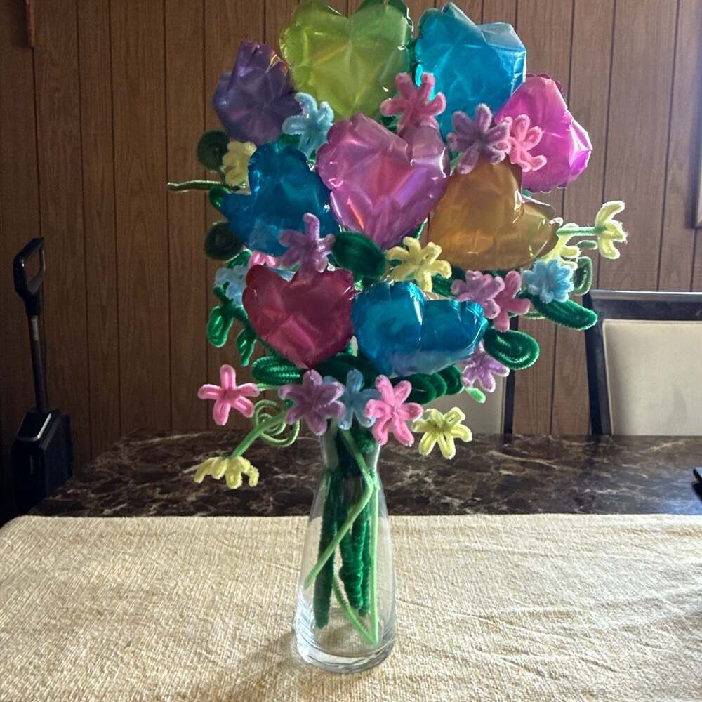 Handmade Pipe Cleaner Flower and Mini Foil Heart Balloon Bouquet in Glass Vase